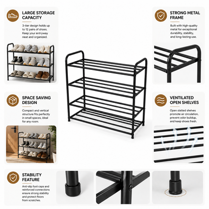 4-Tier Metal Shoe Rack Organizer for Entryway, Closet & Bedroom | Space Saving Storage Shelf
