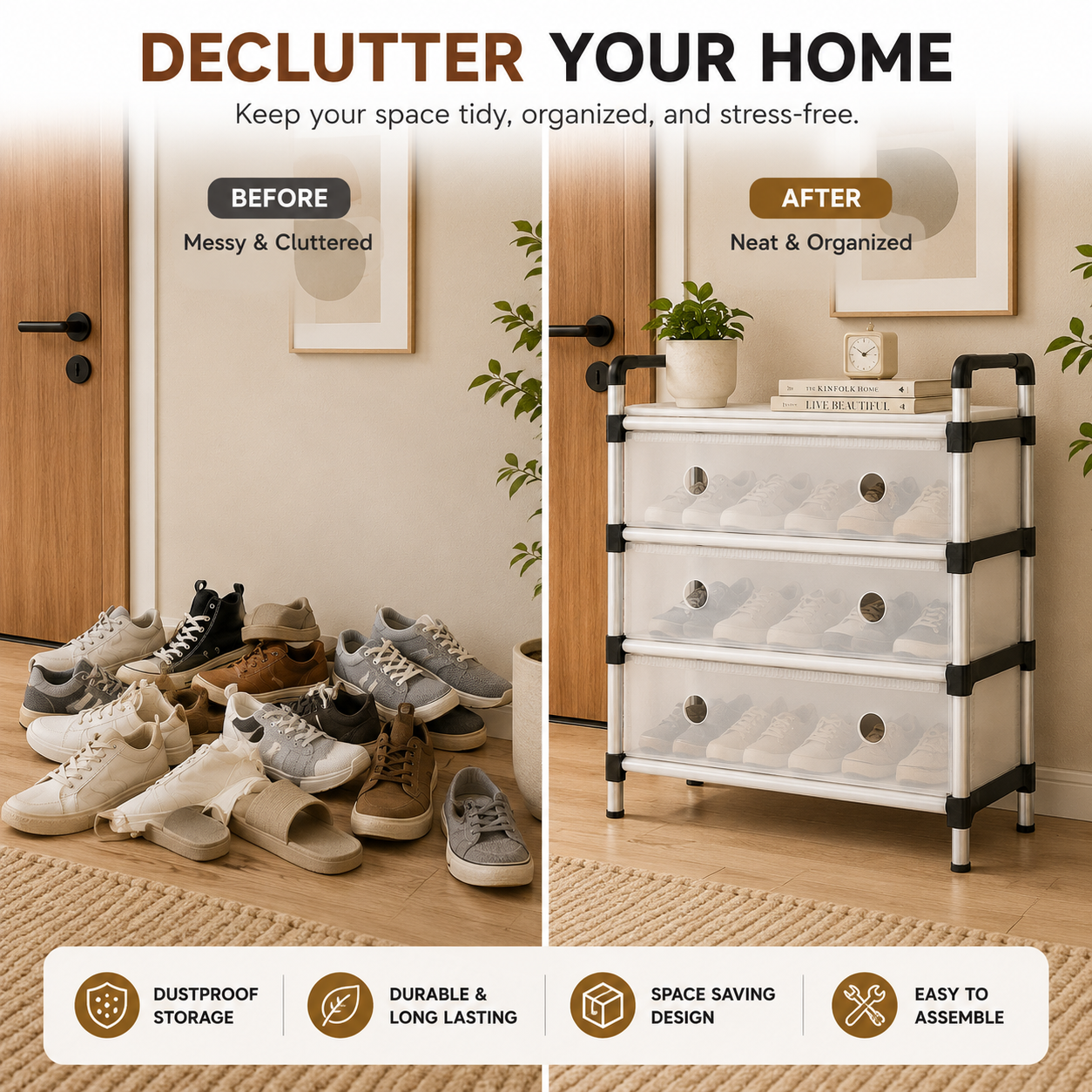 3-Tier Portable Shoe Rack Organizer with Dustproof Cover | Lightweight Space Saving Footwear Storage Cabinet