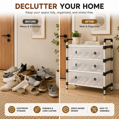 3-Tier Portable Shoe Rack Organizer with Dustproof Cover | Lightweight Space Saving Footwear Storage Cabinet