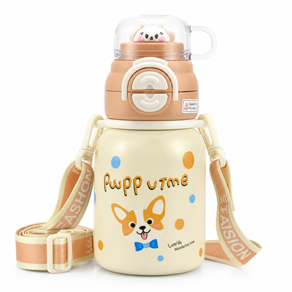 Kids Stainless Steel Insulated Water Bottle with Straw, Protective Cap & Adjustable Shoulder Strap – Puppy Theme (2 Color Variants)
