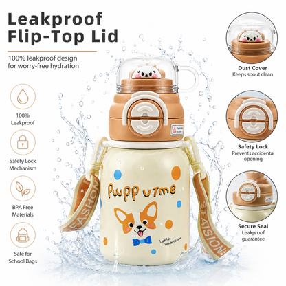 Kids Stainless Steel Insulated Water Bottle with Straw, Protective Cap & Adjustable Shoulder Strap – Puppy Theme (2 Color Variants)