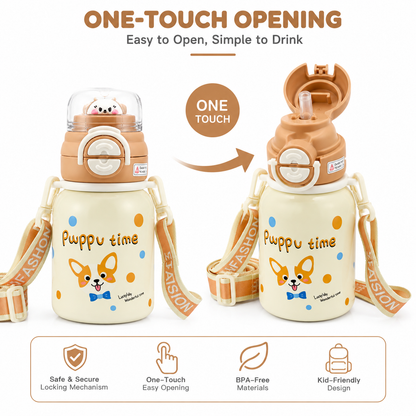 Kids Stainless Steel Insulated Water Bottle with Straw, Protective Cap & Adjustable Shoulder Strap – Puppy Theme (2 Color Variants)