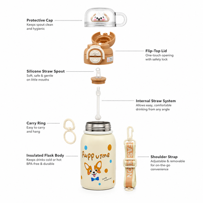 Kids Stainless Steel Insulated Water Bottle with Straw, Protective Cap & Adjustable Shoulder Strap – Puppy Theme (2 Color Variants)