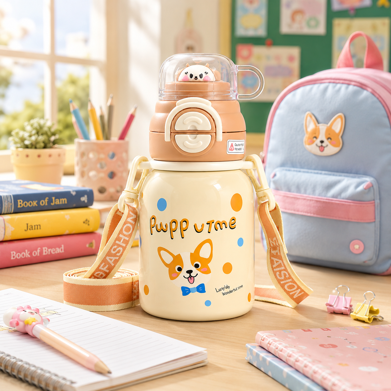 Kids Stainless Steel Insulated Water Bottle with Straw, Protective Cap & Adjustable Shoulder Strap – Puppy Theme (2 Color Variants)