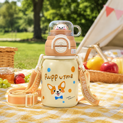 Kids Stainless Steel Insulated Water Bottle with Straw, Protective Cap & Adjustable Shoulder Strap – Puppy Theme (2 Color Variants)