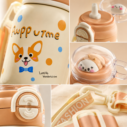 Kids Stainless Steel Insulated Water Bottle with Straw, Protective Cap & Adjustable Shoulder Strap – Puppy Theme (2 Color Variants)