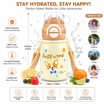 Kids Stainless Steel Insulated Water Bottle with Straw, Protective Cap & Adjustable Shoulder Strap – Puppy Theme (2 Color Variants)