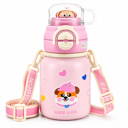 Kids Stainless Steel Insulated Water Bottle with Straw, Protective Cap & Adjustable Shoulder Strap – Puppy Theme (2 Color Variants)
