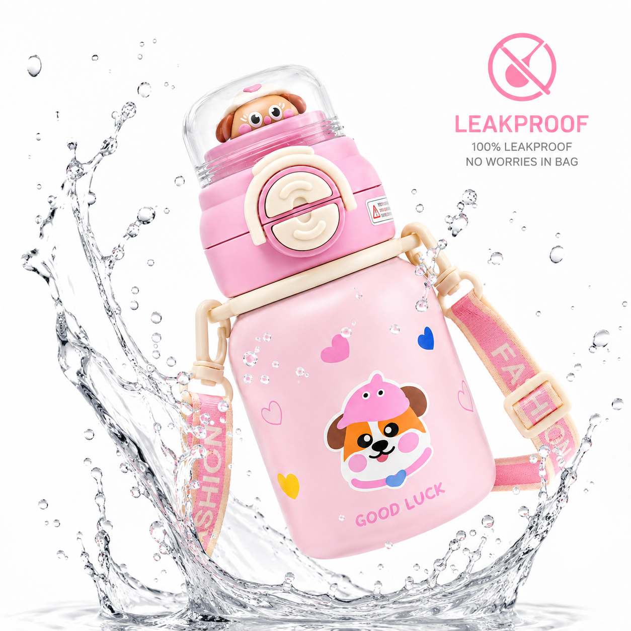 Kids Stainless Steel Insulated Water Bottle with Straw, Protective Cap & Adjustable Shoulder Strap – Puppy Theme (2 Color Variants)