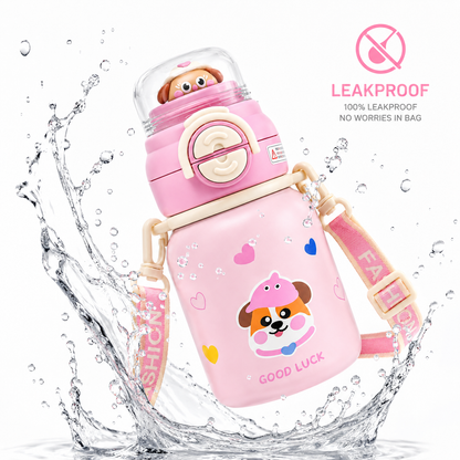 Kids Stainless Steel Insulated Water Bottle with Straw, Protective Cap & Adjustable Shoulder Strap – Puppy Theme (2 Color Variants)