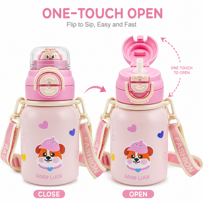 Kids Stainless Steel Insulated Water Bottle with Straw, Protective Cap & Adjustable Shoulder Strap – Puppy Theme (2 Color Variants)