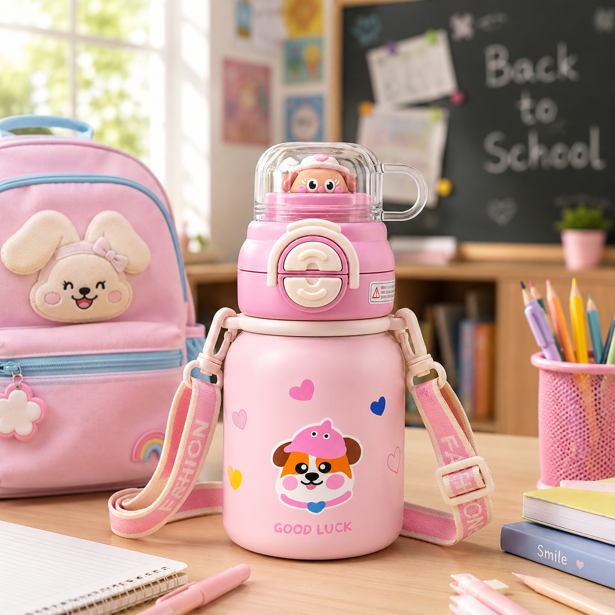 Kids Stainless Steel Insulated Water Bottle with Straw, Protective Cap & Adjustable Shoulder Strap – Puppy Theme (2 Color Variants)