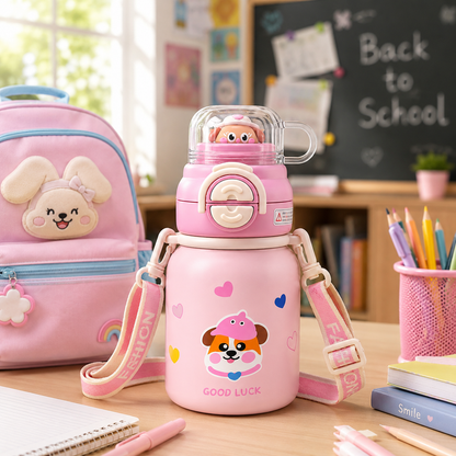 Kids Stainless Steel Insulated Water Bottle with Straw, Protective Cap & Adjustable Shoulder Strap – Puppy Theme (2 Color Variants)