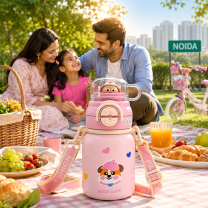 Kids Stainless Steel Insulated Water Bottle with Straw, Protective Cap & Adjustable Shoulder Strap – Puppy Theme (2 Color Variants)