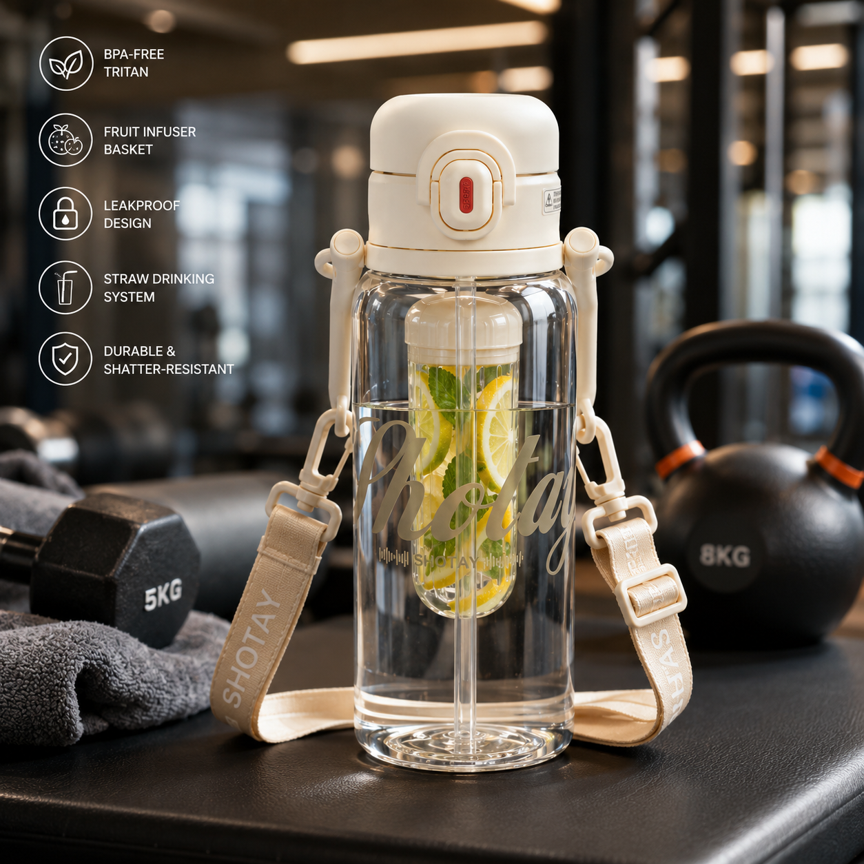 Shotay Premium Tritan Fruit Infuser Water Bottle with Straw & Carry Strap | BPA-Free Leakproof Sports Water Bottle (4 Color Variants)