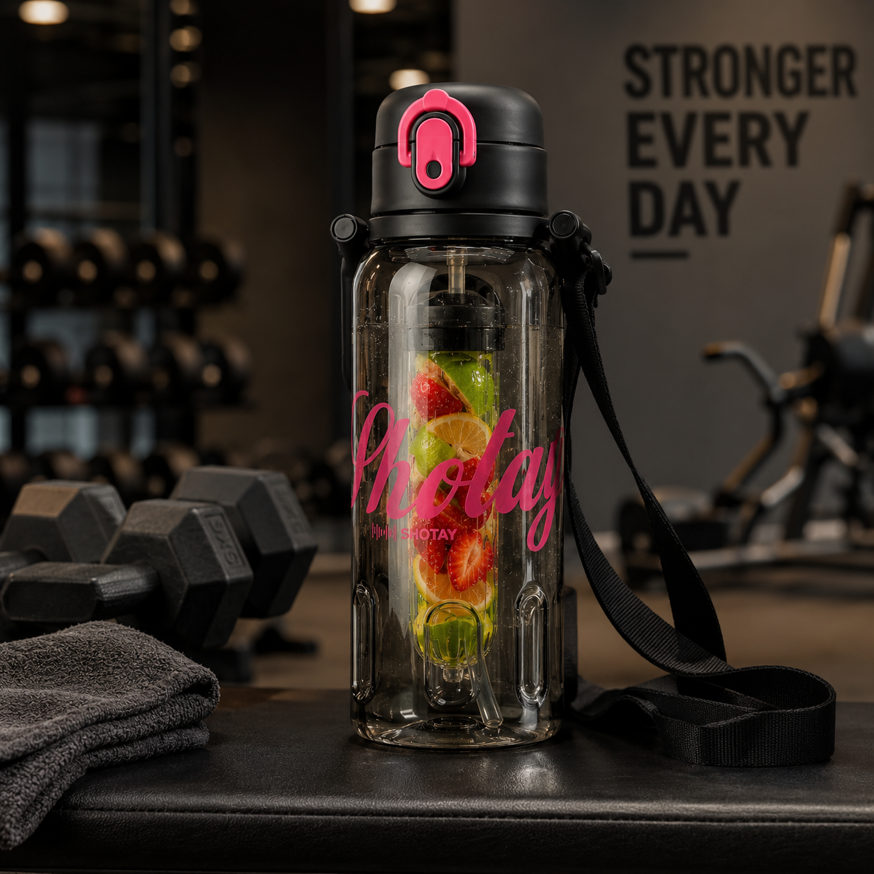 Shotay Premium Tritan Fruit Infuser Water Bottle with Straw & Carry Strap | BPA-Free Leakproof Sports Water Bottle (4 Color Variants)