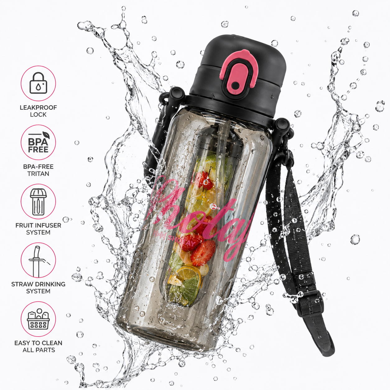 Shotay Premium Tritan Fruit Infuser Water Bottle with Straw & Carry Strap | BPA-Free Leakproof Sports Water Bottle (4 Color Variants)