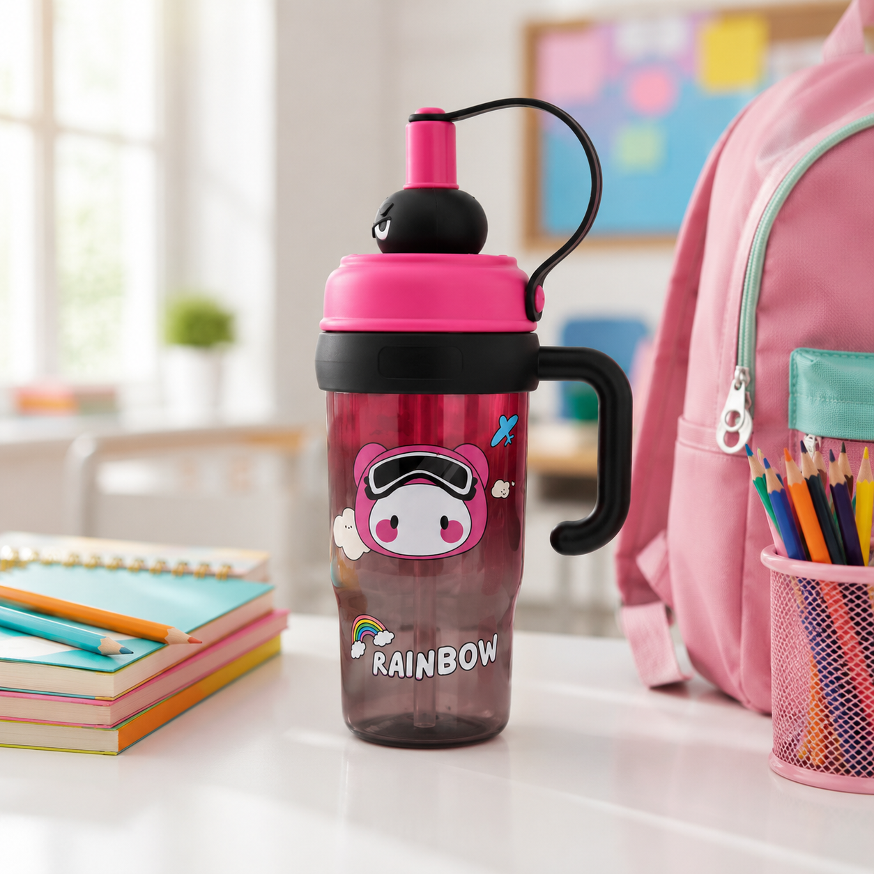 Kids BPA-Free Tritan Water Bottle with Straw, Carry Handle & Leakproof Lid | Reusable Sipper Bottle for School, Travel & Outdoor Activities (800ml)