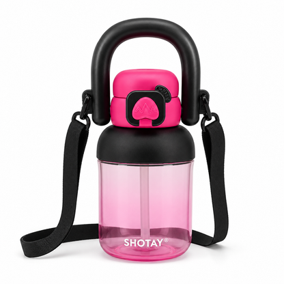 Kids BPA-Free Tritan Water Bottle with Straw, Push Button Leakproof Lid, Large Carry Handle & Adjustable Shoulder Strap | Reusable School Water Bottle (650ml)