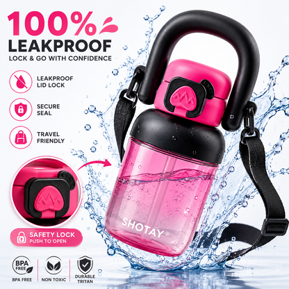 Kids BPA-Free Tritan Water Bottle with Straw, Push Button Leakproof Lid, Large Carry Handle & Adjustable Shoulder Strap | Reusable School Water Bottle (650ml)