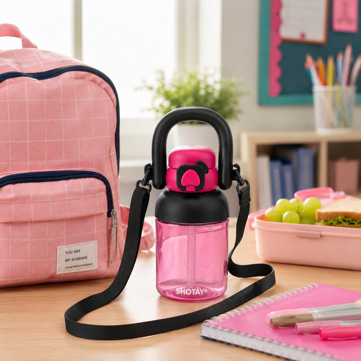 Kids BPA-Free Tritan Water Bottle with Straw, Push Button Leakproof Lid, Large Carry Handle & Adjustable Shoulder Strap | Reusable School Water Bottle (650ml)
