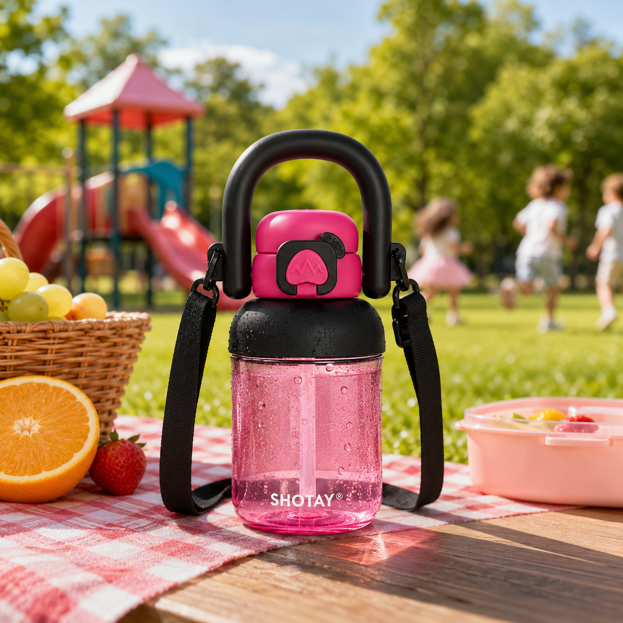 Kids BPA-Free Tritan Water Bottle with Straw, Push Button Leakproof Lid, Large Carry Handle & Adjustable Shoulder Strap | Reusable School Water Bottle (650ml)