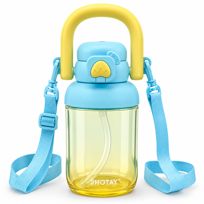 Kids BPA-Free Tritan Water Bottle with Straw, Push Button Leakproof Lid, Large Carry Handle & Adjustable Shoulder Strap | Reusable School Water Bottle (650ml)