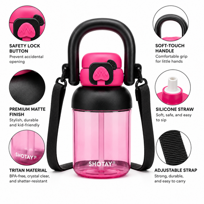 Kids BPA-Free Tritan Water Bottle with Straw, Push Button Leakproof Lid, Large Carry Handle & Adjustable Shoulder Strap | Reusable School Water Bottle (650ml)