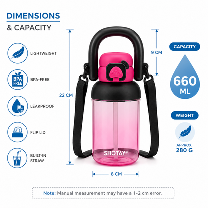 Kids BPA-Free Tritan Water Bottle with Straw, Push Button Leakproof Lid, Large Carry Handle & Adjustable Shoulder Strap | Reusable School Water Bottle (650ml)