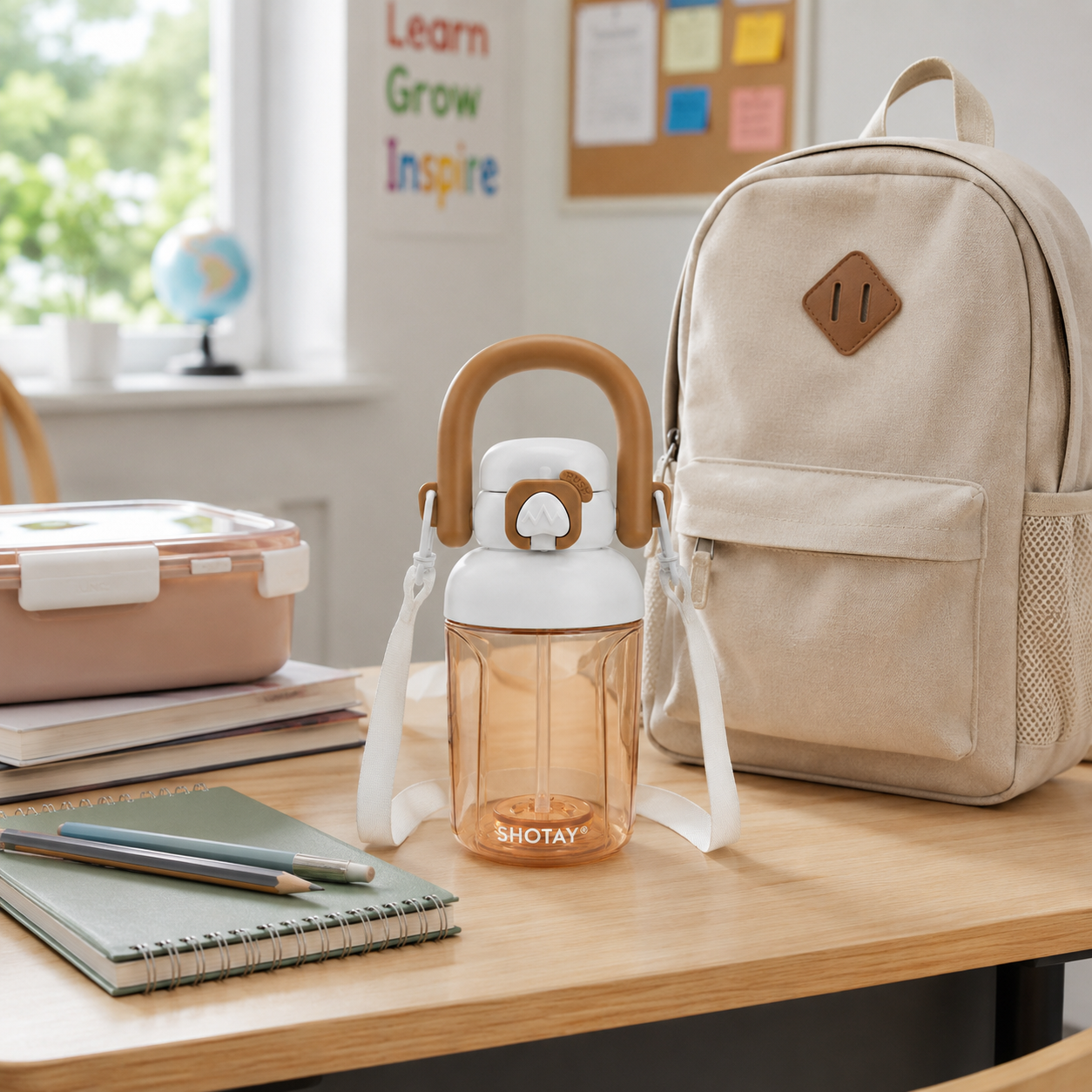 Kids BPA-Free Tritan Water Bottle with Straw, Push Button Leakproof Lid, Large Carry Handle & Adjustable Shoulder Strap | Reusable School Water Bottle (650ml)