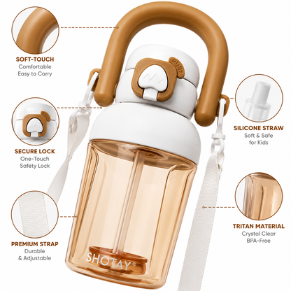 Kids BPA-Free Tritan Water Bottle with Straw, Push Button Leakproof Lid, Large Carry Handle & Adjustable Shoulder Strap | Reusable School Water Bottle (650ml)
