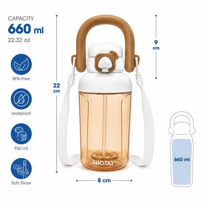 Kids BPA-Free Tritan Water Bottle with Straw, Push Button Leakproof Lid, Large Carry Handle & Adjustable Shoulder Strap | Reusable School Water Bottle (650ml)