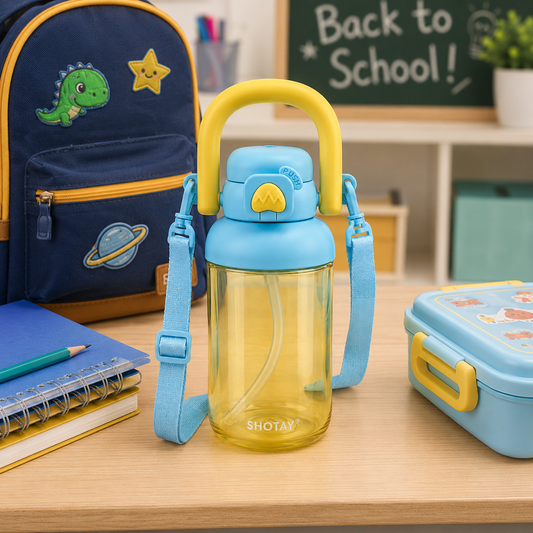 Kids BPA-Free Tritan Water Bottle with Straw, Push Button Leakproof Lid, Large Carry Handle & Adjustable Shoulder Strap | Reusable School Water Bottle (650ml)