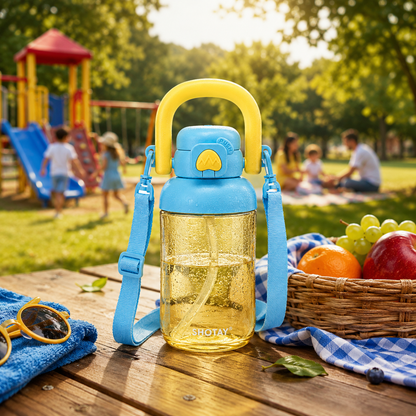 Kids BPA-Free Tritan Water Bottle with Straw, Push Button Leakproof Lid, Large Carry Handle & Adjustable Shoulder Strap | Reusable School Water Bottle (650ml)