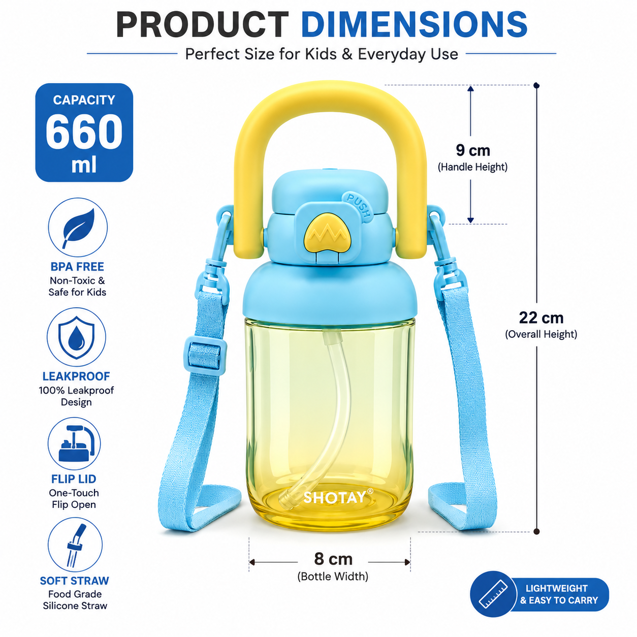 Kids BPA-Free Tritan Water Bottle with Straw, Push Button Leakproof Lid, Large Carry Handle & Adjustable Shoulder Strap | Reusable School Water Bottle (650ml)