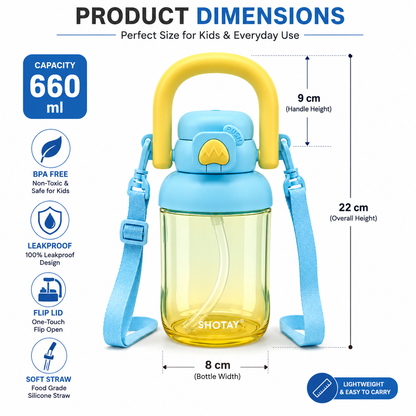 Kids BPA-Free Tritan Water Bottle with Straw, Push Button Leakproof Lid, Large Carry Handle & Adjustable Shoulder Strap | Reusable School Water Bottle (650ml)
