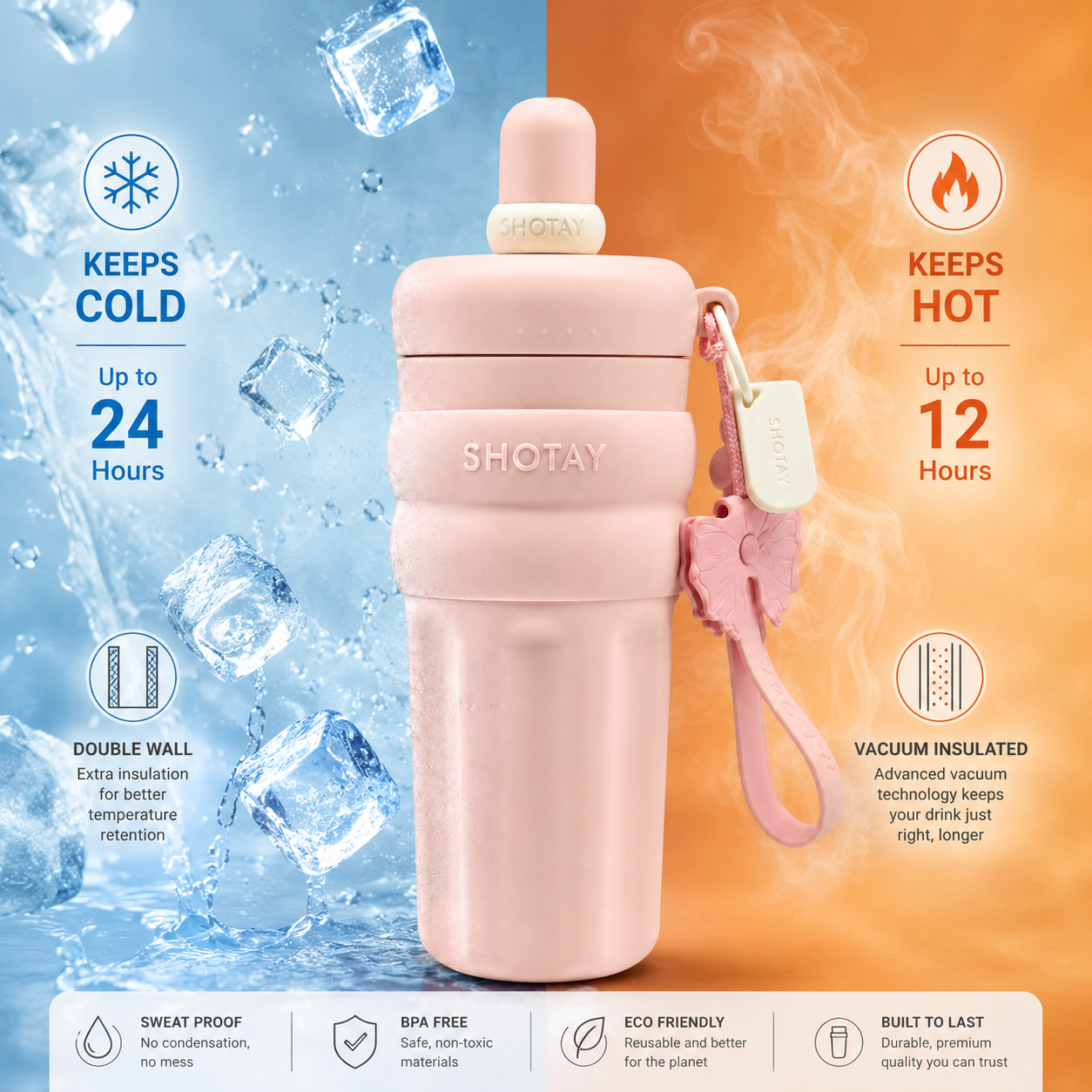 SHOTAY 600ml Double Wall Vacuum Insulated Stainless Steel Water Bottle with Silicone Sleeve, Straw Lid & Carry Loop | BPA-Free Leakproof Sports Flask for Office, School, Gym & Travel
