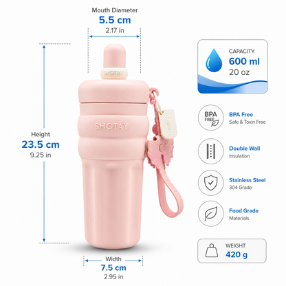 SHOTAY 600ml Double Wall Vacuum Insulated Stainless Steel Water Bottle with Silicone Sleeve, Straw Lid & Carry Loop | BPA-Free Leakproof Sports Flask for Office, School, Gym & Travel