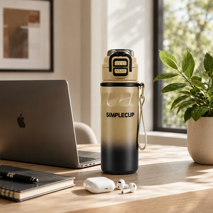 SIMPLECUP 670ml Double Wall Vacuum Insulated Stainless Steel Water Bottle with One-Touch Flip Lid, Lock Handle & Carry Strap | Leakproof BPA-Free Sports Bottle for Gym, Office & Travel