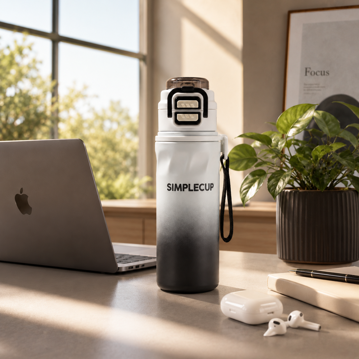 SIMPLECUP 670ml Double Wall Vacuum Insulated Stainless Steel Water Bottle with One-Touch Flip Lid, Lock Handle & Carry Strap | Leakproof BPA-Free Sports Bottle for Gym, Office & Travel