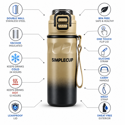 SIMPLECUP 670ml Double Wall Vacuum Insulated Stainless Steel Water Bottle with One-Touch Flip Lid, Lock Handle & Carry Strap | Leakproof BPA-Free Sports Bottle for Gym, Office & Travel