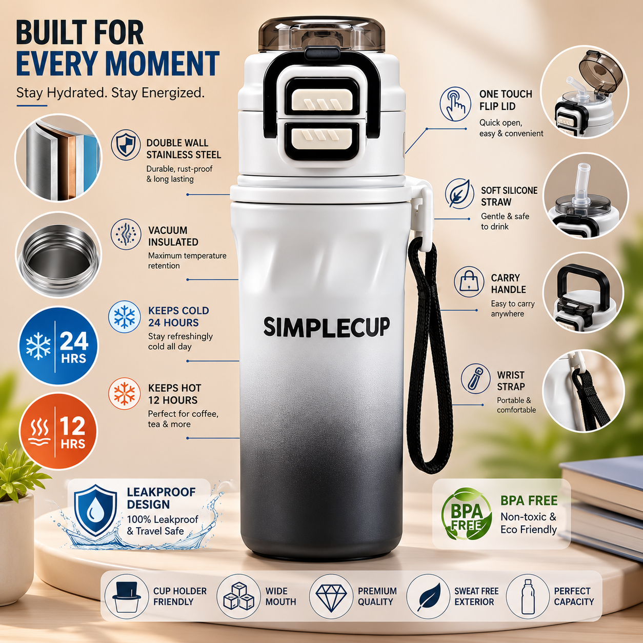 SIMPLECUP 670ml Double Wall Vacuum Insulated Stainless Steel Water Bottle with One-Touch Flip Lid, Lock Handle & Carry Strap | Leakproof BPA-Free Sports Bottle for Gym, Office & Travel