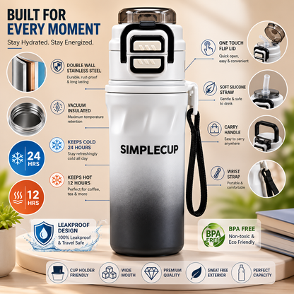 SIMPLECUP 670ml Double Wall Vacuum Insulated Stainless Steel Water Bottle with One-Touch Flip Lid, Lock Handle & Carry Strap | Leakproof BPA-Free Sports Bottle for Gym, Office & Travel