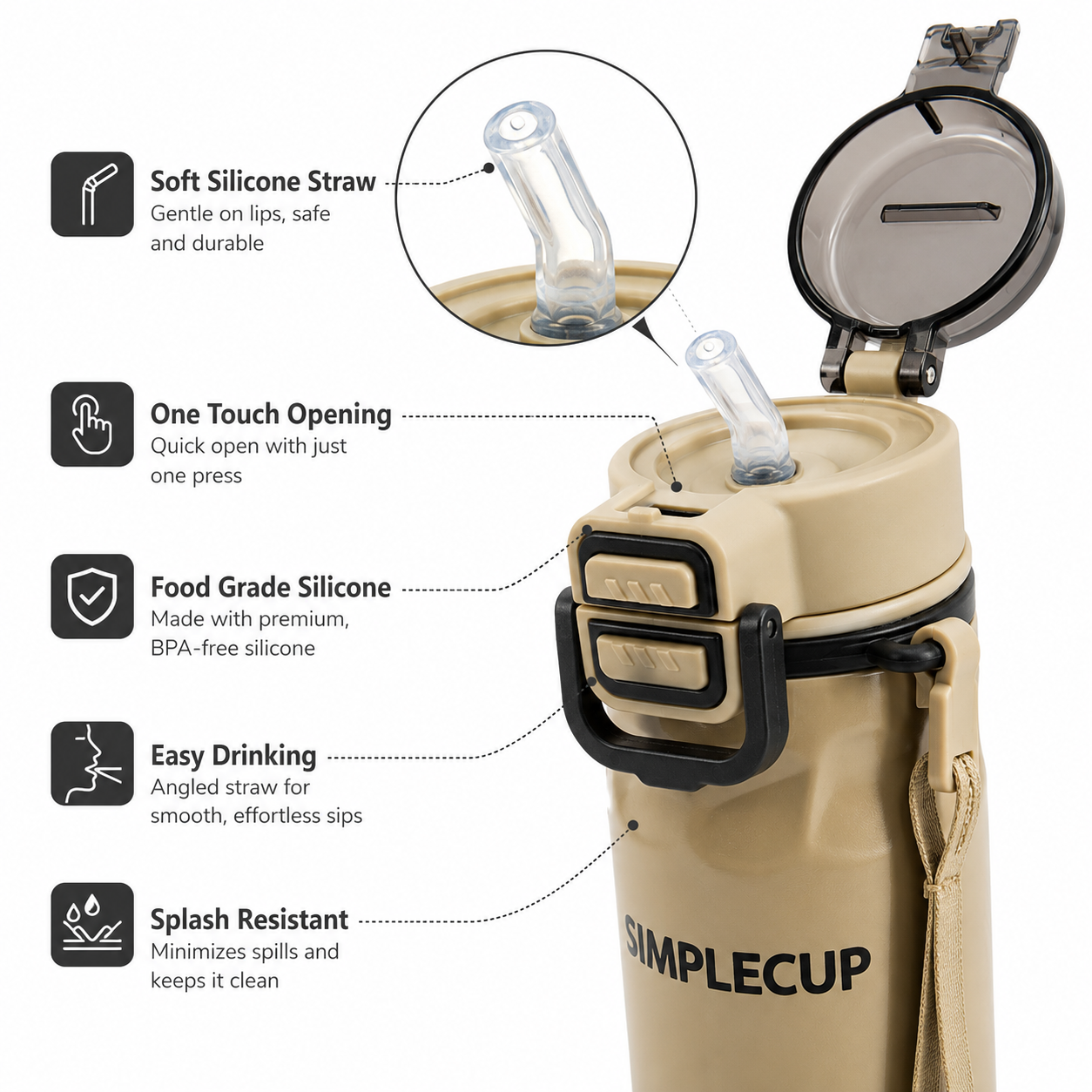 SIMPLECUP 670ml Double Wall Vacuum Insulated Stainless Steel Water Bottle with One-Touch Flip Lid, Lock Handle & Carry Strap | Leakproof BPA-Free Sports Bottle for Gym, Office & Travel