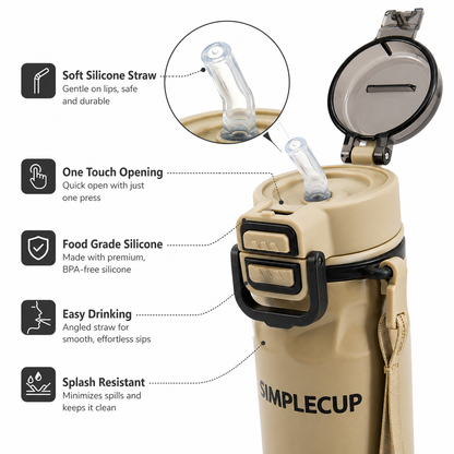SIMPLECUP 670ml Double Wall Vacuum Insulated Stainless Steel Water Bottle with One-Touch Flip Lid, Lock Handle & Carry Strap | Leakproof BPA-Free Sports Bottle for Gym, Office & Travel