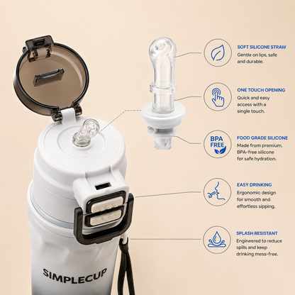 SIMPLECUP 670ml Double Wall Vacuum Insulated Stainless Steel Water Bottle with One-Touch Flip Lid, Lock Handle & Carry Strap | Leakproof BPA-Free Sports Bottle for Gym, Office & Travel