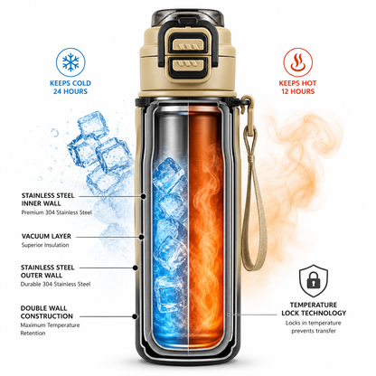 SIMPLECUP 670ml Double Wall Vacuum Insulated Stainless Steel Water Bottle with One-Touch Flip Lid, Lock Handle & Carry Strap | Leakproof BPA-Free Sports Bottle for Gym, Office & Travel