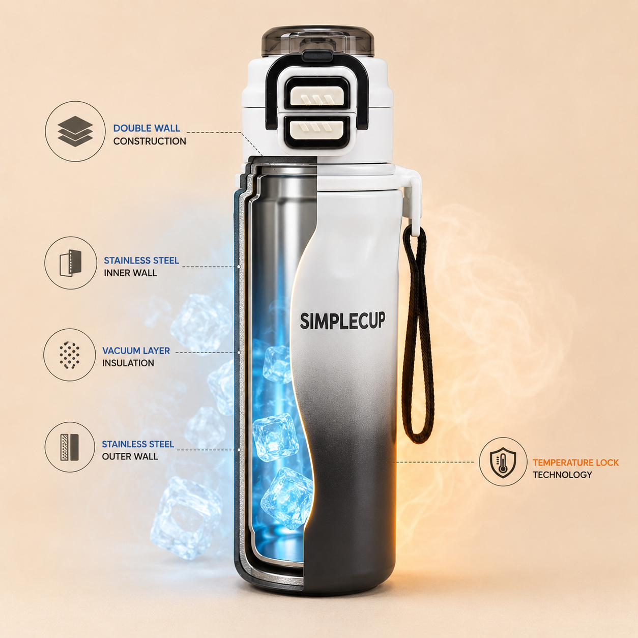 SIMPLECUP 670ml Double Wall Vacuum Insulated Stainless Steel Water Bottle with One-Touch Flip Lid, Lock Handle & Carry Strap | Leakproof BPA-Free Sports Bottle for Gym, Office & Travel
