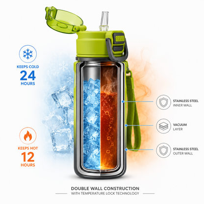 SIMPLECUP 670ml Double Wall Vacuum Insulated Stainless Steel Water Bottle with One-Touch Flip Lid, Lock Handle & Carry Strap | Leakproof BPA-Free Sports Bottle for Gym, Office & Travel