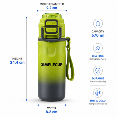 SIMPLECUP 670ml Double Wall Vacuum Insulated Stainless Steel Water Bottle with One-Touch Flip Lid, Lock Handle & Carry Strap | Leakproof BPA-Free Sports Bottle for Gym, Office & Travel